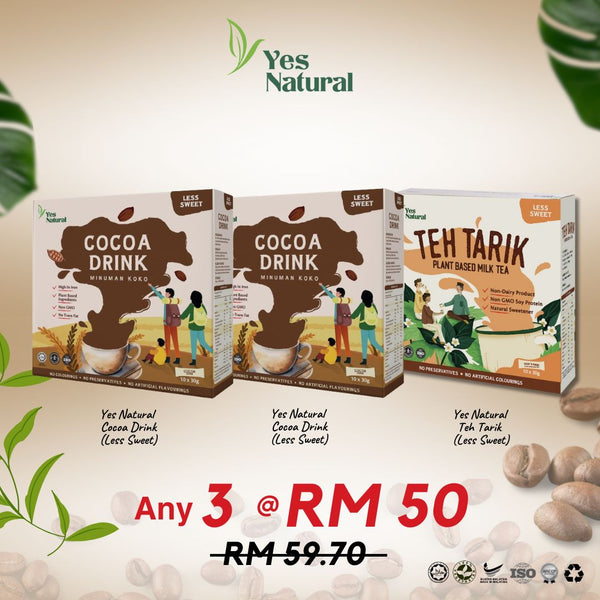 Mix Any 3 @ RM50 > Yes Natural Brown Rice Coffee (Less Sugar / No Added Sugar) / Teh Tarik / Cocoa Drink (10x30g)