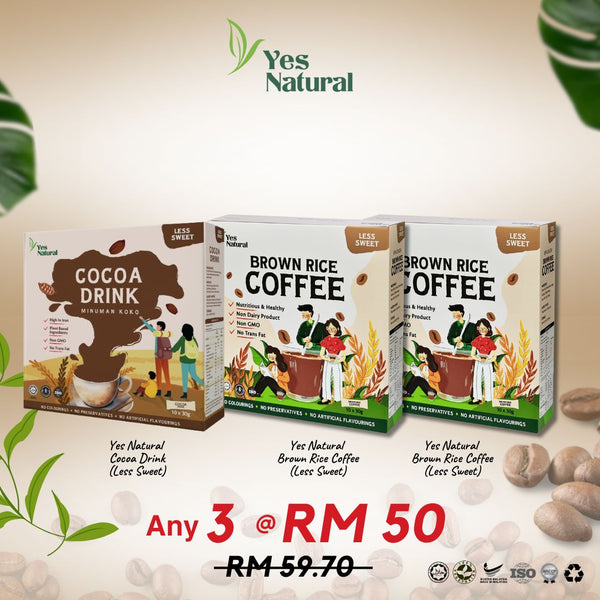 Mix Any 3 @ RM50 > Yes Natural Brown Rice Coffee (Less Sugar / No Added Sugar) / Teh Tarik / Cocoa Drink (10x30g)