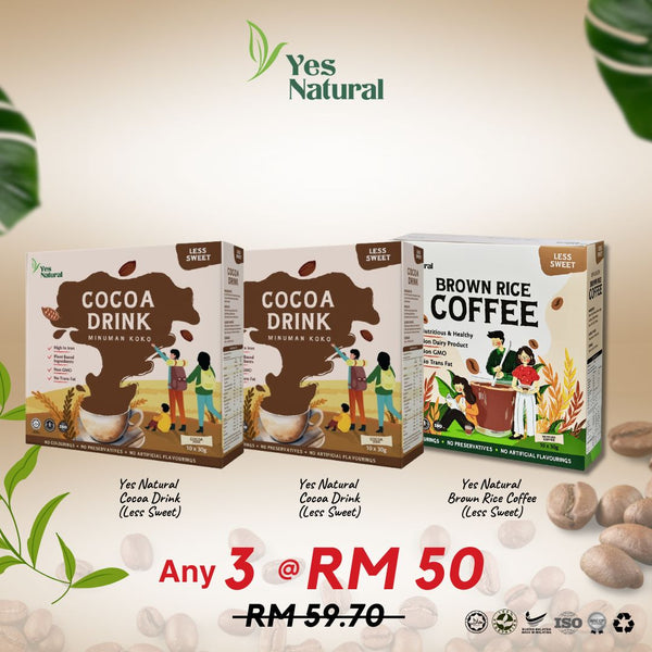 Mix Any 3 @ RM50 > Yes Natural Brown Rice Coffee (Less Sugar / No Added Sugar) / Teh Tarik / Cocoa Drink (10x30g)