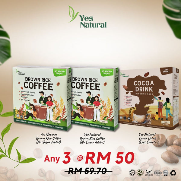 Mix Any 3 @ RM50 > Yes Natural Brown Rice Coffee (Less Sugar / No Added Sugar) / Teh Tarik / Cocoa Drink (10x30g)