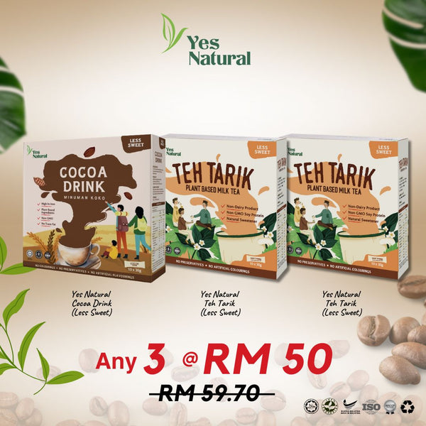 Mix Any 3 @ RM50 > Yes Natural Brown Rice Coffee (Less Sugar / No Added Sugar) / Teh Tarik / Cocoa Drink (10x30g)