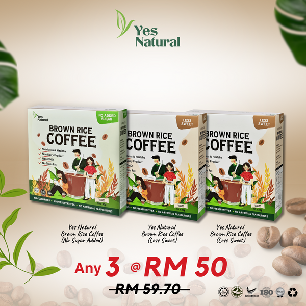 Mix Any 3 @ RM50 > Yes Natural Brown Rice Coffee (Less Sugar / No Added Sugar) / Teh Tarik / Cocoa Drink (10x30g)