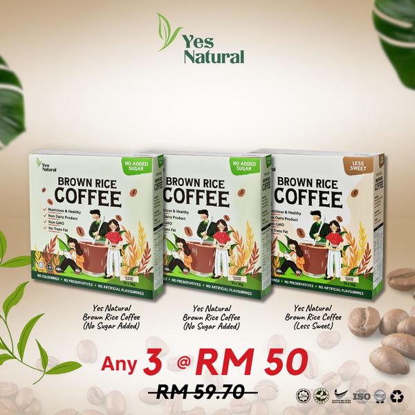 Mix Any 3 @ RM50 > Yes Natural Brown Rice Coffee (Less Sugar / No Added Sugar) / Teh Tarik / Cocoa Drink (10x30g)