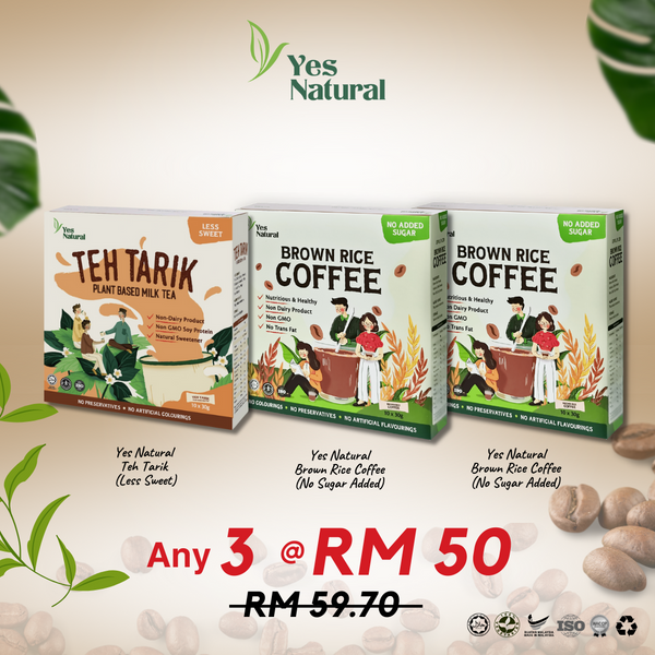 Mix Any 3 @ RM50 > Yes Natural Brown Rice Coffee (Less Sugar / No Added Sugar) / Teh Tarik / Cocoa Drink (10x30g)